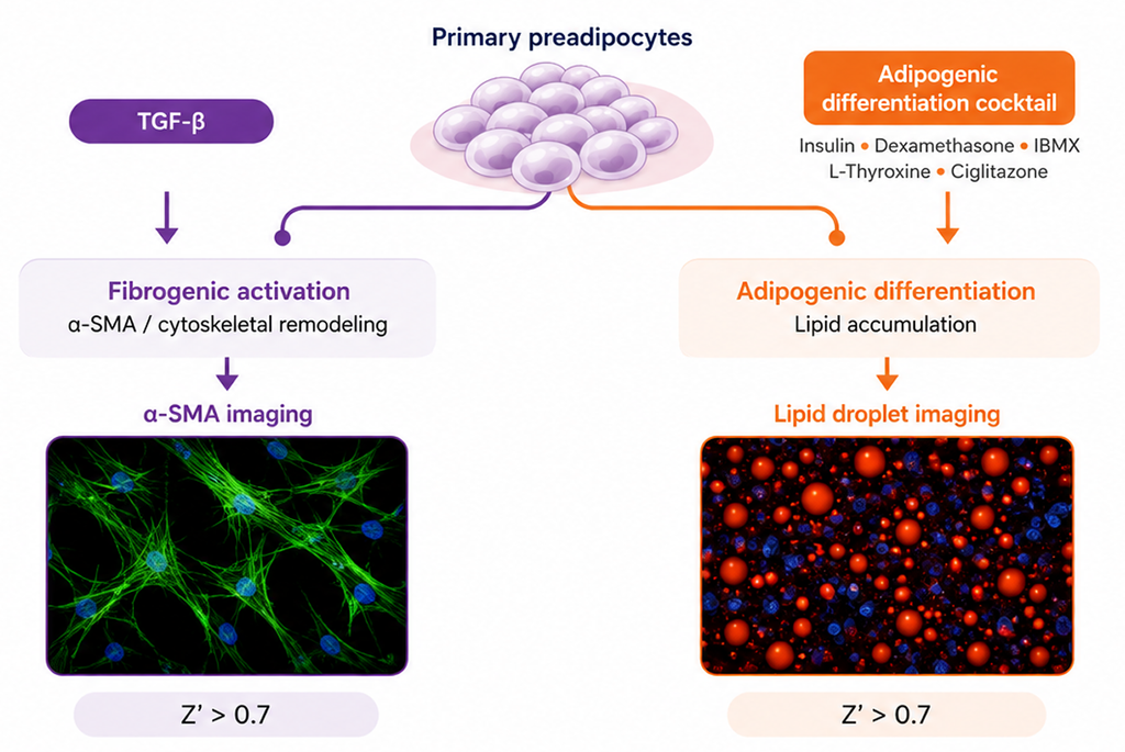 Primary human preadipocyte phenotypic assay showing TGF-β-induced fibrogenic activation measured by α-SMA imaging and adipogenic differentiation measured by lipid droplet imaging, with Z′ > 0.7 for both readouts.